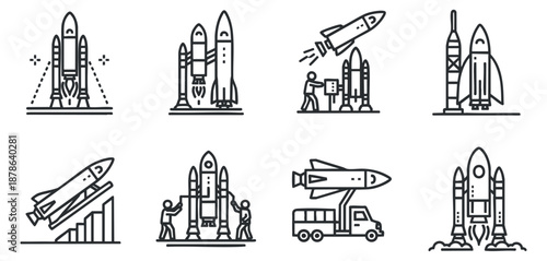 A collection of rocket launch illustrations in simple black and white line vector style, suitable for technology and innovation projects
