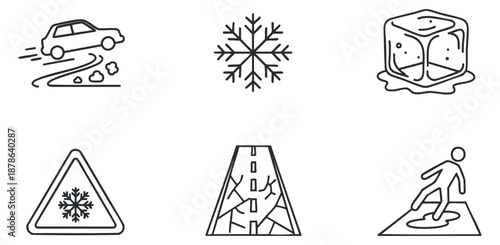 A collection of winter-related icons featuring a car on a slippery road, snowflake, ice cube, and caution signs in minimalist vector style, suitable for safety and weather-related projects