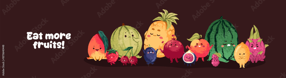 Fototapeta premium Design of banner with kawaii group of different fruits and berries. Template with funny tropical characters of pineapple, cherry, watermelon and apple with happy faces. Flat vector illustration