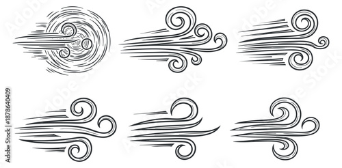 A collection of six stylized wind illustrations in black and white minimalist vector style, ideal for environmental graphics and design projects