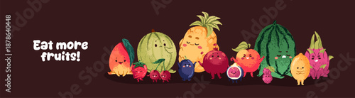 Design of banner with kawaii group of different fruits and berries. Template with funny tropical characters of pineapple, cherry, watermelon and apple with happy faces. Flat vector illustration
