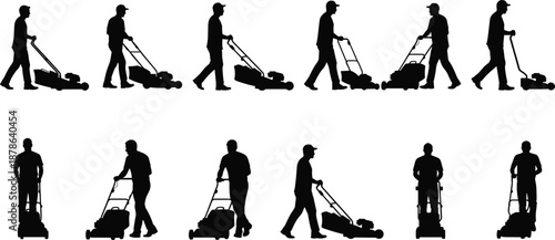 Silhouettes of man pushing lawn mower in multiple mowing positions, walking angles, outdoor gardening activity, landscaping, maintenance, yard care illustration
