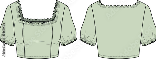 Women cropped puff sleeve blouse technical fashion flat with front back views neckline lace details, cad drawing flat vector illustration