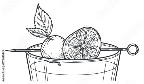 A refreshing cocktail glass with lime and mint in outline vector style, ideal for bar menus and drink recipes