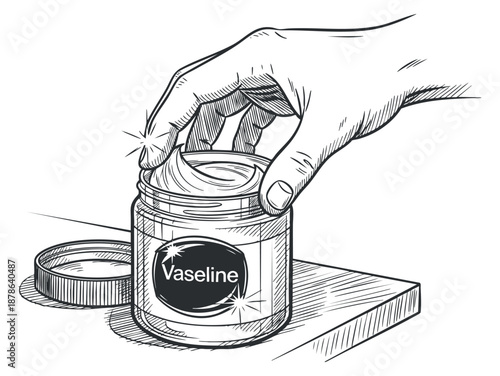 A hand reaching for a jar of Vaseline in a hand-drawn outline style, suitable for skincare and beauty product branding