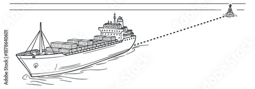 A cargo ship navigating through the ocean toward a buoy in a simple outline vector style, ideal for maritime and logistics themes