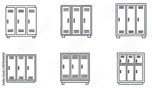 A collection of six lockers in black and white outline vector style, ideal for organizational design and educational themes