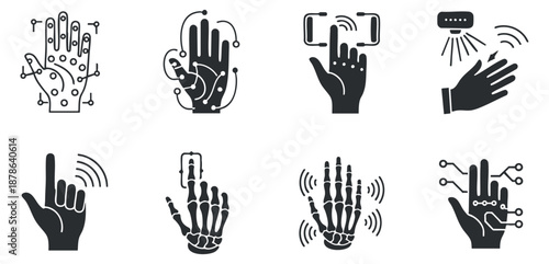 A collection of hand gesture icons in black and white vector style, suitable for technology and user interface design