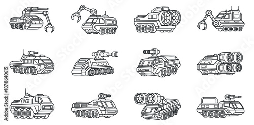 A collection of military and construction vehicles in simple outline vector style, ideal for educational and technical design projects