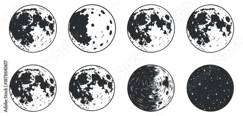 A set of eight moon illustrations in black and white vector style, ideal for astronomical themes and creative projects