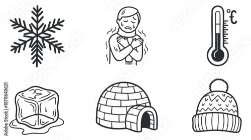 A collection of winter-themed icons including a snowflake, thermometer, igloo, and warm hat in minimalistic vector style, suitable for seasonal design projects