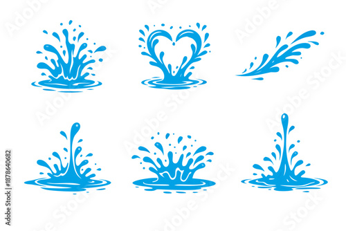 Blue water splash set with droplets, ripples and heart shaped splash. Dynamic liquid wave elements for cleaning, freshness, beverage, love and summer design, isolated on white.