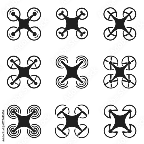 Set of quadcopter drone top view silhouettes with different propeller designs. Black minimal icons for UAV, aerial photography, racing drone, remote control and tech branding.