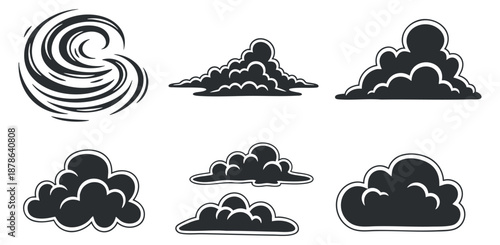 A collection of various cloud shapes in black and white minimalist vector style, suitable for weather-related designs and illustrations