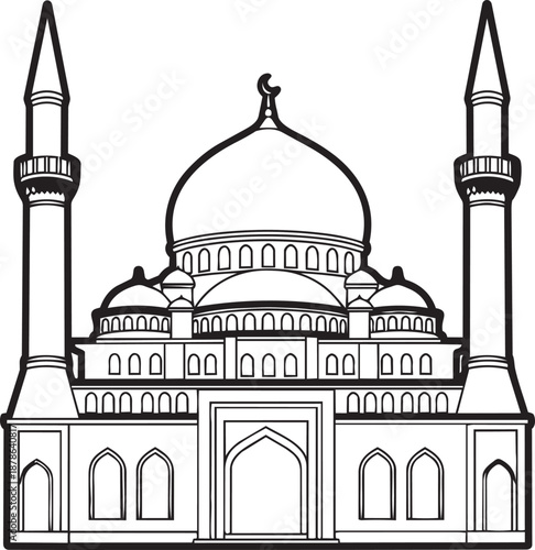 The mosque silhouette: A striking black and white vector outline of an iconic mosque, showcasing the graceful arches, dome, and minarets in a display of Islamic architecture.