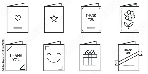 A set of thank you greeting cards featuring various designs including hearts, stars, flowers, and gifts in minimalist line art style, perfect for personal or business use