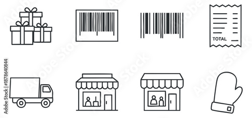 A collection of shopping and delivery icons including gifts, barcodes, receipts, and delivery truck in minimalist outline vector style, ideal for e-commerce and retail design