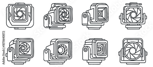 A collection of outline camera icons in minimalist vector style, suitable for photography-related branding and design projects