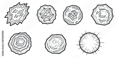A collection of abstract geometric shapes and circular patterns in black and white outline vector style, perfect for creative projects and design elements