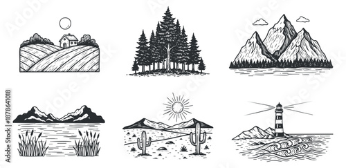 A collection of nature illustrations featuring mountains, trees, and a lighthouse in black and white vector style, ideal for outdoor adventure themes