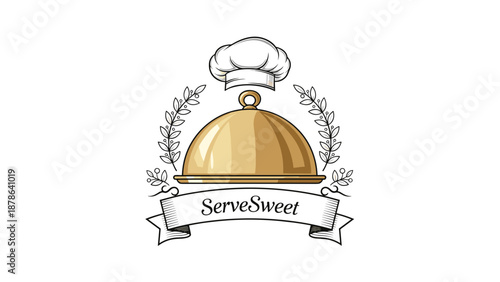 Golden Cloche with Chef Hat Illustration.