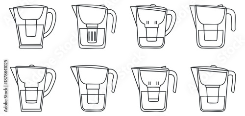 A collection of eight water pitcher designs in clean outline vector style, suitable for kitchen and home decor projects
