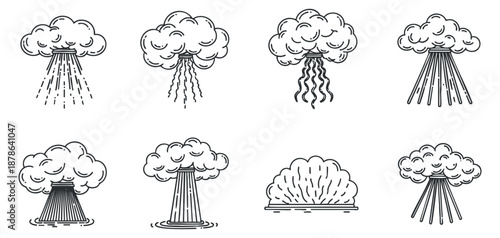 A set of various cloud and rain icons in minimalist outline vector style, suitable for weather-related designs