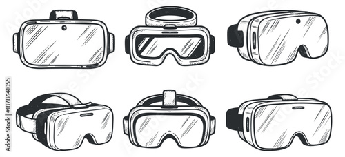 A collection of six virtual reality headset illustrations in black and white outline style, ideal for technology and gaming designs