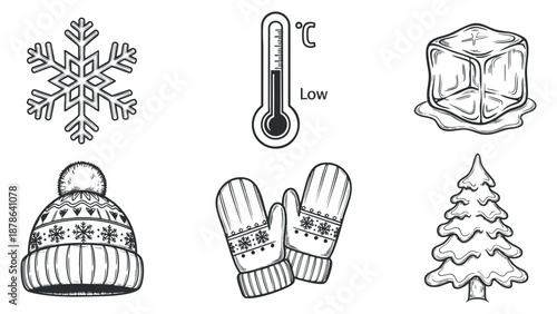 A collection of winter-themed icons including a snowflake, thermometer, mittens, ice cube, hat, and Christmas tree in outline vector style, perfect for seasonal designs and holiday projects
