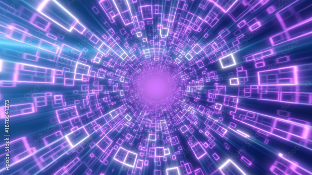 Fototapeta premium Intense pink tech vortex with radiant geometric squares spiraling into a glowing digital center