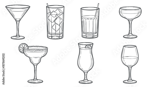 A collection of six cocktail drinks with various glass styles in black and white line art illustration, perfect for beverage menus and bar branding