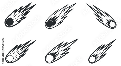 A collection of six stylized comet illustrations in black and white vector style, ideal for space-themed designs and artwork