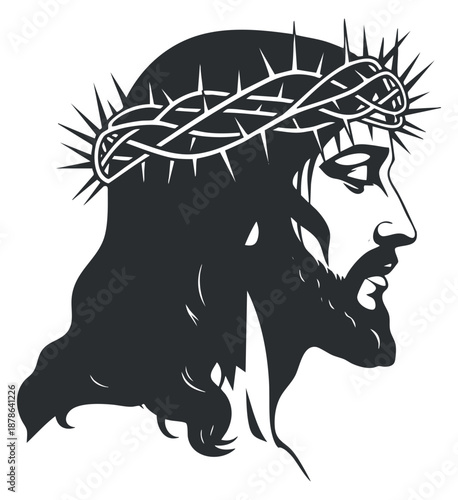 A profile illustration of Jesus Christ with a crown of thorns in black and white vector style, suitable for religious artwork and spiritual themes