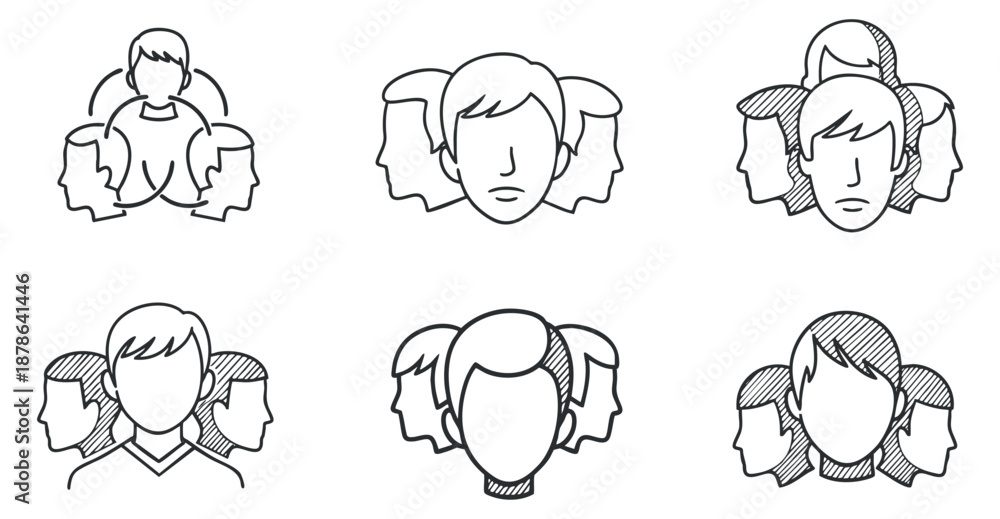 Obraz premium A set of diverse character illustrations depicting teamwork and collaboration in minimalist outline vector style, suitable for business branding and social concepts