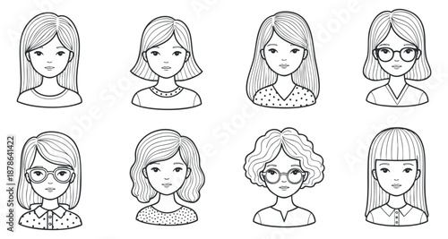 A collection of eight diverse female character portraits in black and white line art vector style, ideal for social media and branding.