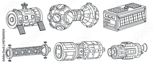 A collection of various space modules and satellites in outline vector style, suitable for educational and technological projects