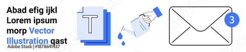 Digital communication, email management, document sharing, notifications, messaging, information workflow. Three visuals text file, water pouring envelope with notification. Communication and email