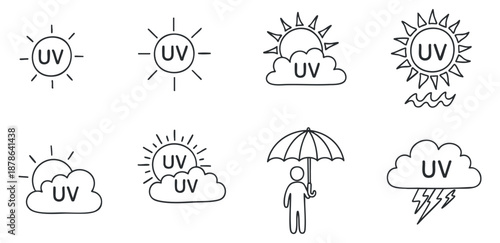 A collection of UV protection symbols featuring various sun and cloud designs in minimalist outline vector style, suitable for health and safety awareness
