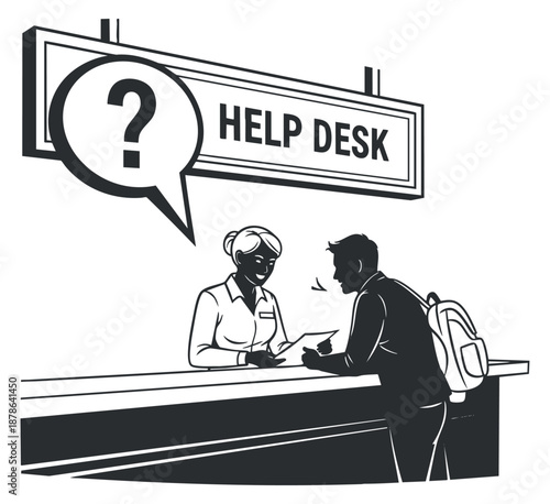 A help desk scene featuring a customer receiving assistance from a staff member in black and white vector style, ideal for business and service-related projects