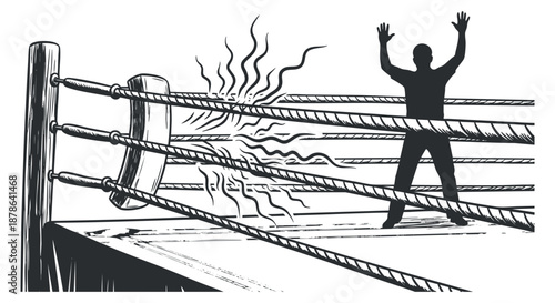 A boxing ring with a victorious athlete raising arms in black and white outline vector style, ideal for sports branding