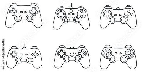 A set of six gaming controllers in outline vector style, suitable for video game design and technology projects