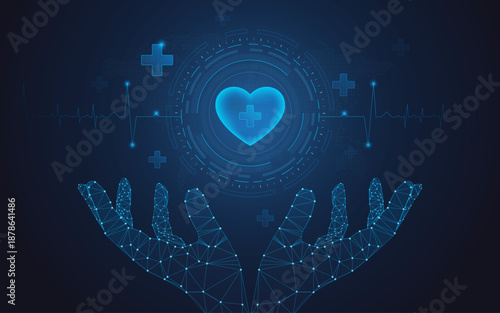 Medical technology diagram featuring interconnected glowing hexagons with healthcare icons. Digital health background for AI in medicine or scientific biotech presentation. Vector illustration.