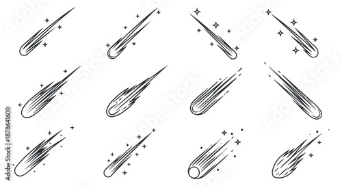 A collection of comet and shooting star illustrations in black and white minimalist vector style, suitable for celestial-themed designs and creative projects
