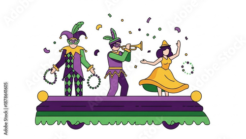 Mardi Gras Parade Float with Jester, Trumpeter, and Dancer