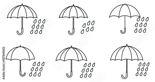 A set of six umbrellas with rain droplets in black and white outline vector style, ideal for weather-themed designs