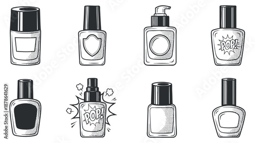 A collection of cosmetic bottles and nail polish in black and white outline vector style, perfect for beauty product branding