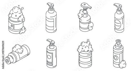 A collection of eight outline vector illustrations of various soap and lotion bottles with bubbles, ideal for personal care branding or packaging designs