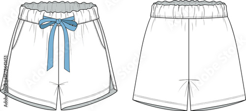 Women elastic waist shorts technical CAD drawing front back views flat vector illustration apparel fashion design template specification