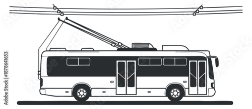 A trolleybus with overhead wires in minimalist black and white vector style, ideal for transportation design and urban planning