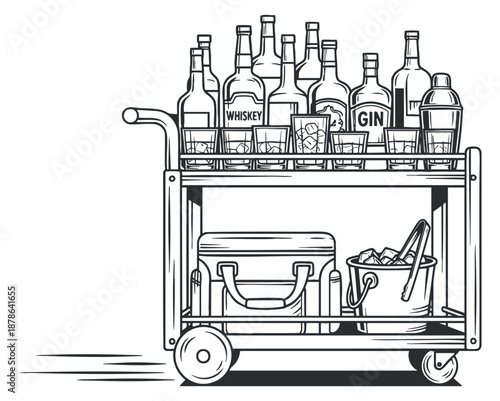 A bar cart filled with various bottles of whiskey and gin in black and white outline vector style, ideal for hospitality and party themes